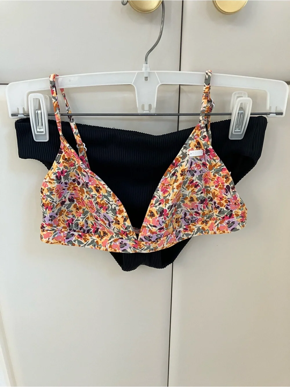 Bikini: Multicolor Floral Triangle Bralette Top & black ribbed bottoms